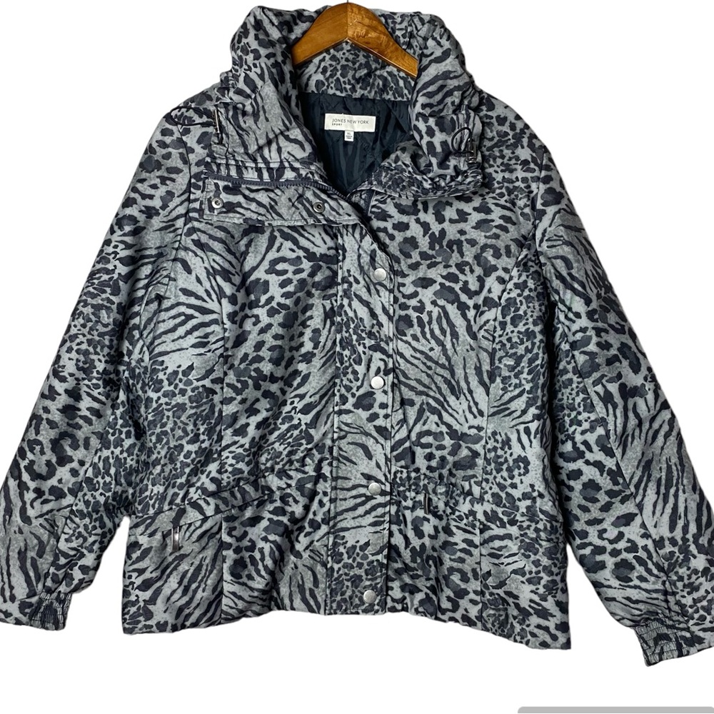 Jones New York Sport Puffer Zip-Up Jacket Gray Animal Print